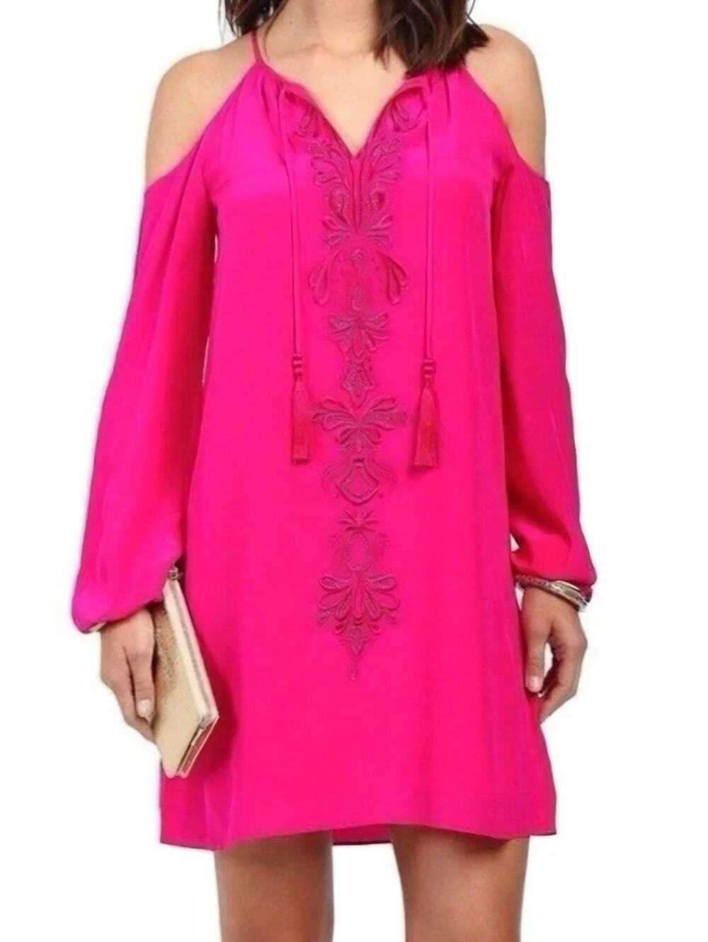 LILLY PULITZER Fulton Magenta Pink 100% Silk Embroidered Beaded Tunic Dress SZ M